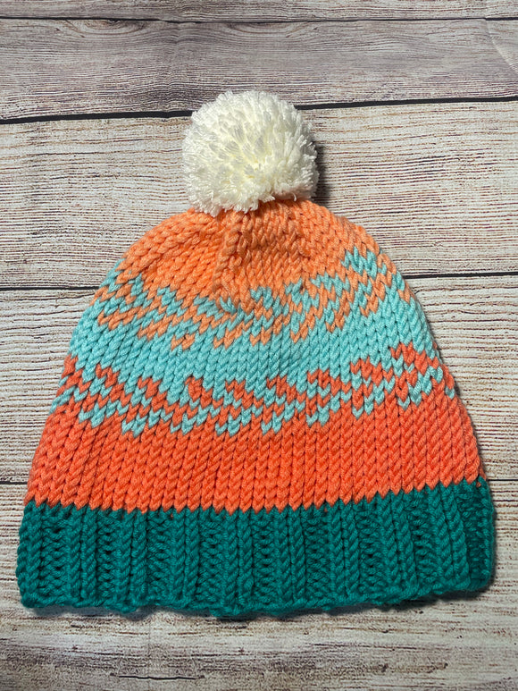 Hand Knit Fair Isle Beanie Hat with Pompom Medium(Island Oasis)